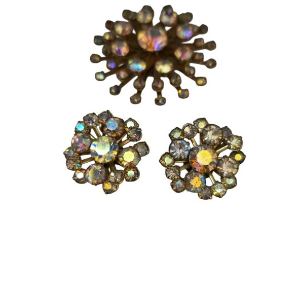 Vintage Unsigned AB Rhinestone Brooch Set (A7895) - Picture 2 of 5